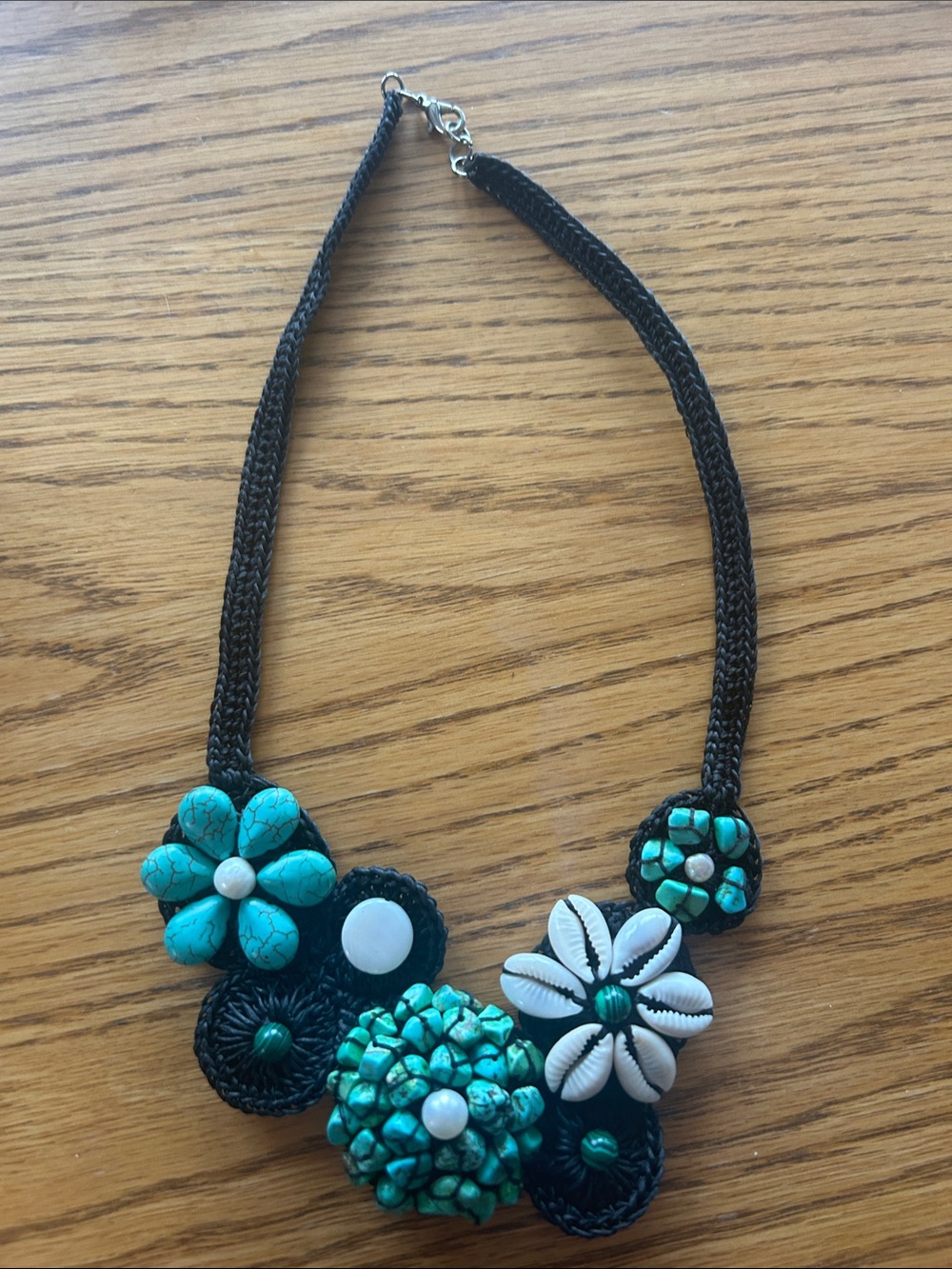 Turquoise Flower Statement Necklace - Black Cord